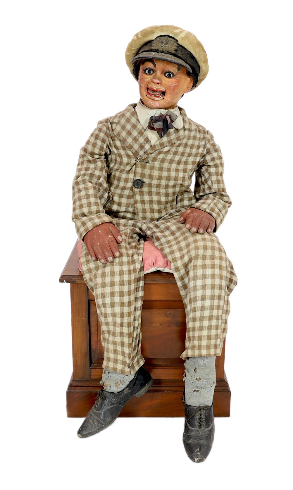 A Leonard Insull ventriloquist's dummy, approx. 130cm high, with walnut box seat